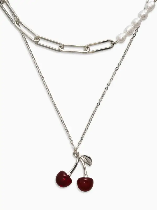 Кулон-цепь 2 яруса "Вишня", цвет бордовый в серебре 40+50+удл