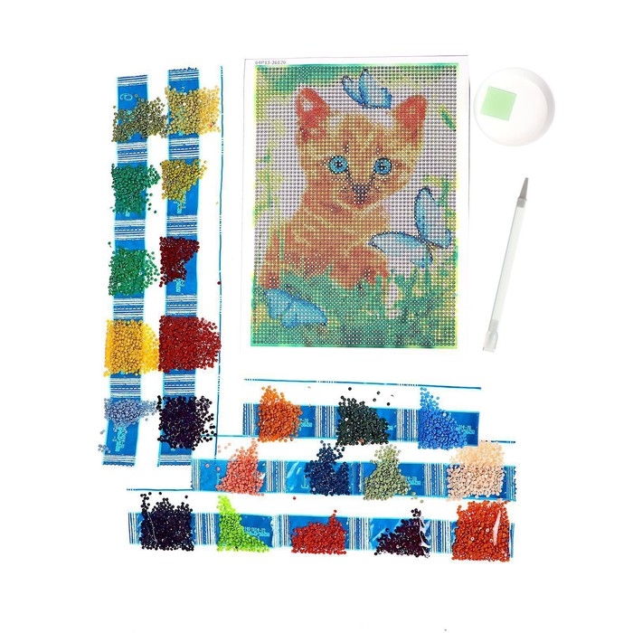 Алмазная мозаика с полным заполнением на холсте &laquo;Котёнок с бабочками&raquo;, 15 х 21 см