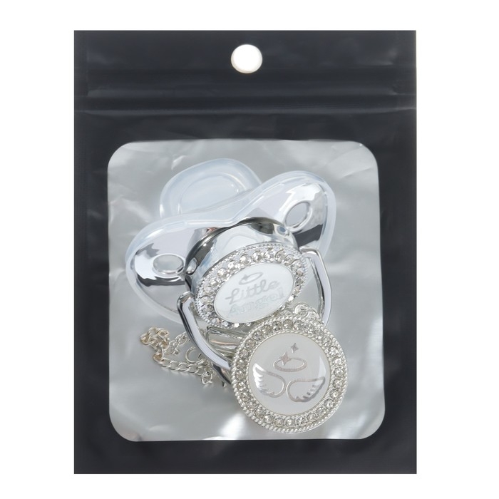 Соска - пустышка силиконовая ортодонтическая &laquo;LITTLE ANGEL&raquo;, от 6 мес., с колпачком + держатель - цепочка, цвет серебренный, стразы