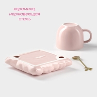 Чайная пара керамическая с ложкой &laquo;Зефирка&raquo;, 2 предмета: чашка 250 мл, блюдце d=13 см, цвет розовый