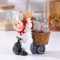 Набор для специй на подставке &laquo;Повар&raquo;, 3 предмета: солонка 50 мл, перечница 50 мл, подставка с ёмкостью для зубочисток, фигурка МИКС