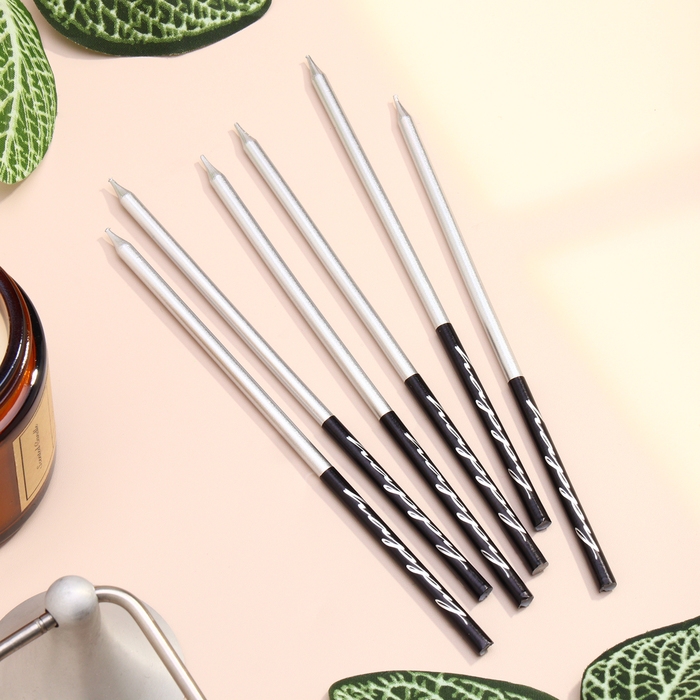 Свечи в торт "Праздник", 6 шт, 14,5 см, серебро с чёрным