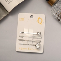 Невидимка для волос "Амелия" (набор 4 шт) сердце, 6 см, серебро