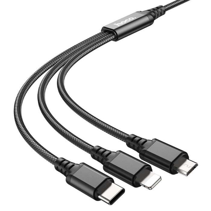 Кабель Hoco BX76, 3 в 1, microUSB/Lightning/Type-C - USB, 2 А, тканевая оплётка, 1 м, чёрный