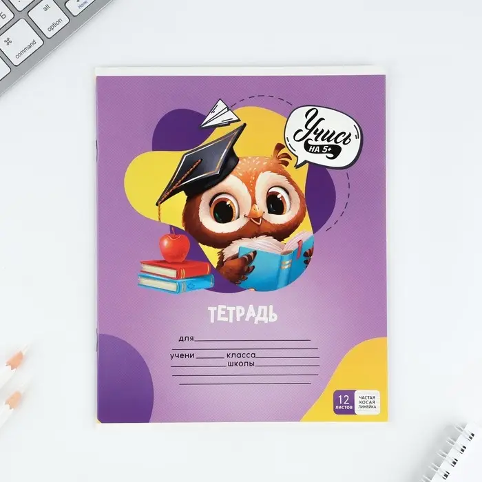 Тетрадь 12 листов в частую косую линейку, А5, на скрепке, блок №1 &laquo;Учись на 5+&raquo; МИКС