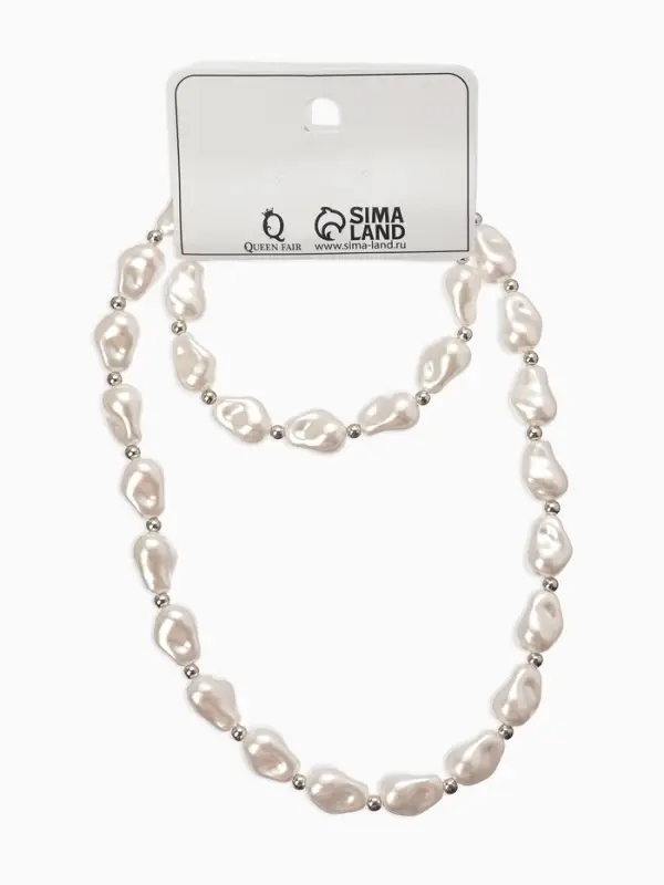 Набор 2 пред-та: бусы,браслет "Жемчуг барочный", капля, 40/18см, цвет белый в серебре