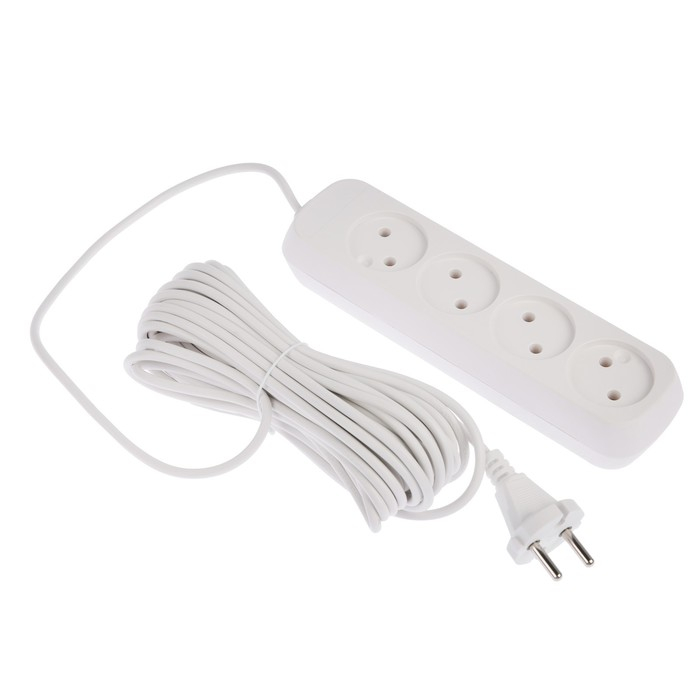 Удлинитель Luazon Lighting ECO, 4 розетки, 10 м, 10 А, 2200 Вт, ПВС 2х0.75 мм2,без з/к,белый