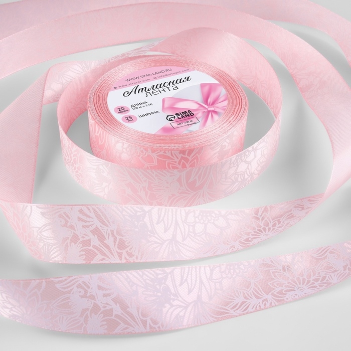 Лента атласная &laquo;Цветы&raquo;, 25 мм &times; 18 &plusmn; 1 м, цвет розовый