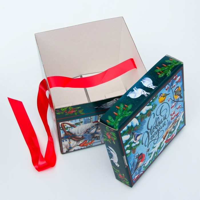 Новый год. Подарочная коробка Новогодняя Коробка крышка-дно "В гостях у сказки" с атласной лентой 17*17*17 см.