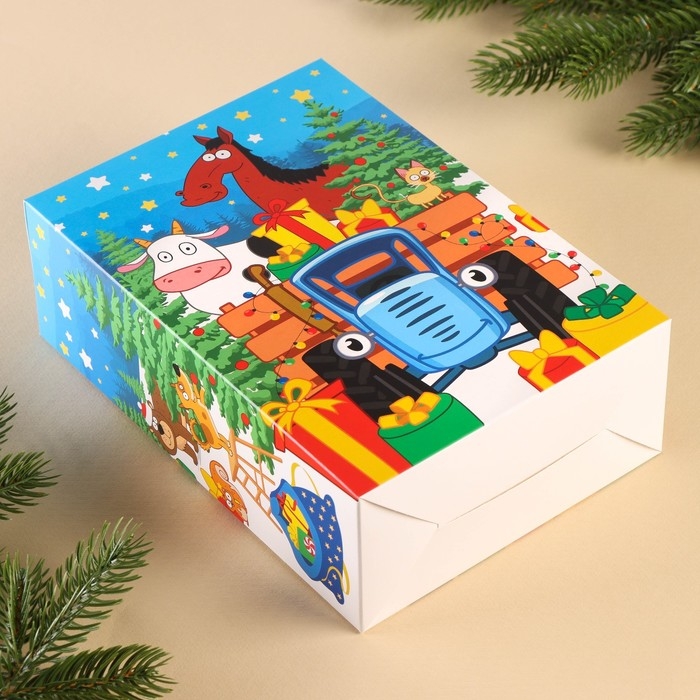Коробка подарочная, "С Новым годом", 16 х 23 х 7,5 см, Синий трактор