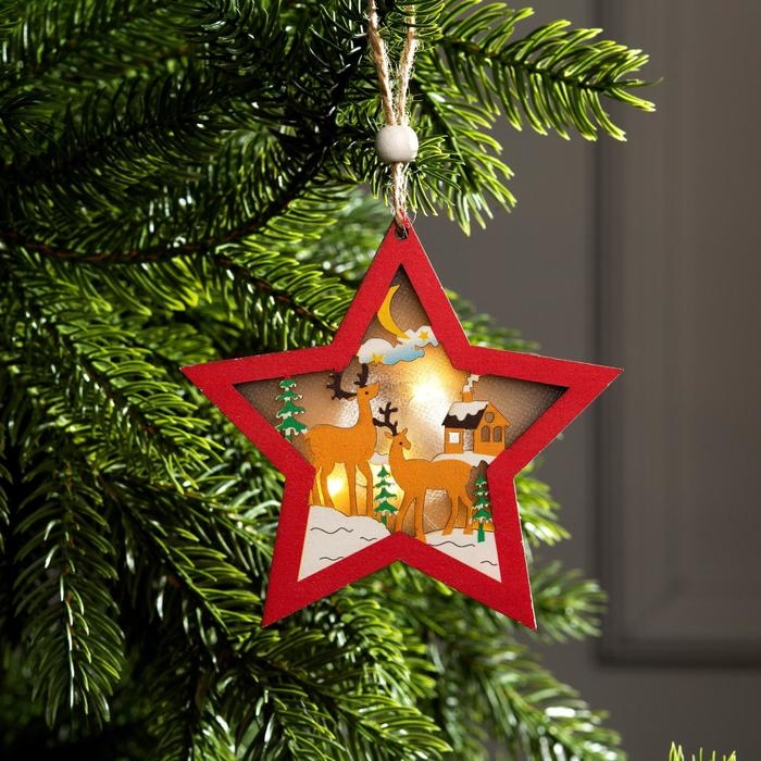 Ёлочная игрушка &laquo;Красная звезда с оленями&raquo;, от батареек, свечение тёплое белое