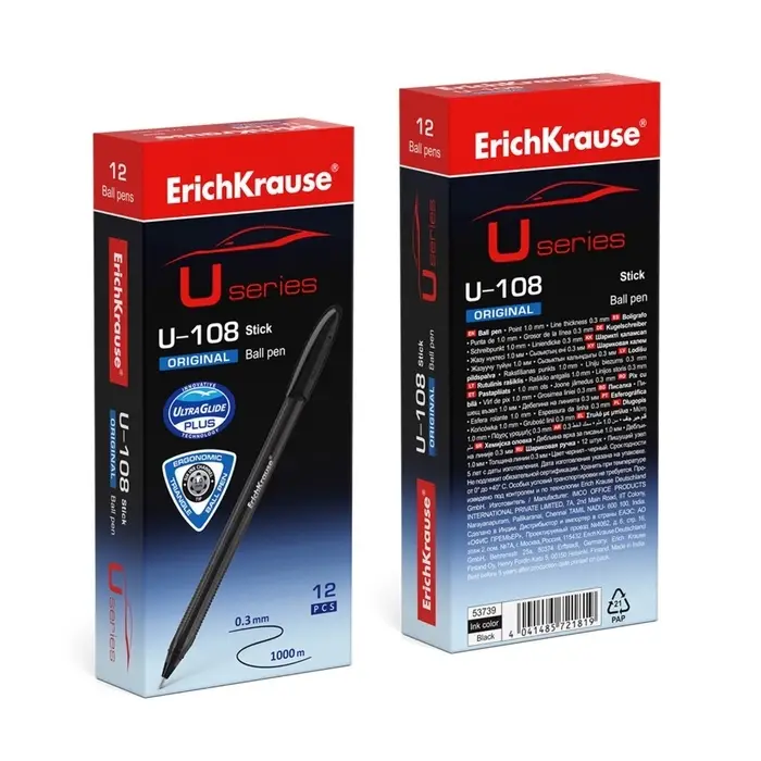 Ручка шариковая ErichKrause U-108 Original Stick, узел 1.0 мм, чернила чёрные, супермягкое письмо, длина линии письма 1000 метров