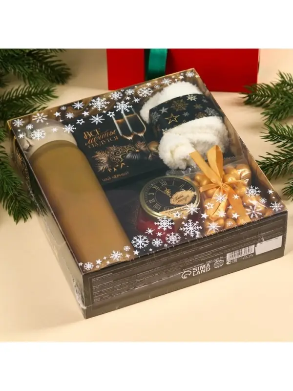 Подарочный набор новогодний &laquo;Все мечты сбудутся&raquo;:Чай новогодний чёрный 50 г, крем-мед с клубникой 120 г, носки 36 - 39 размер, термос 500 мл.