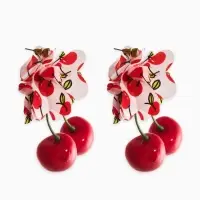 Серьги "Вишня с цветами" текстиль, цветные в золоте