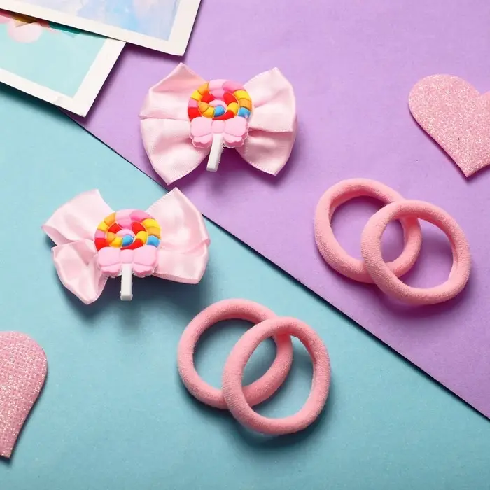Набор для волос "София" (4 резинки, 2 зажима) бантик карамельки, розовый