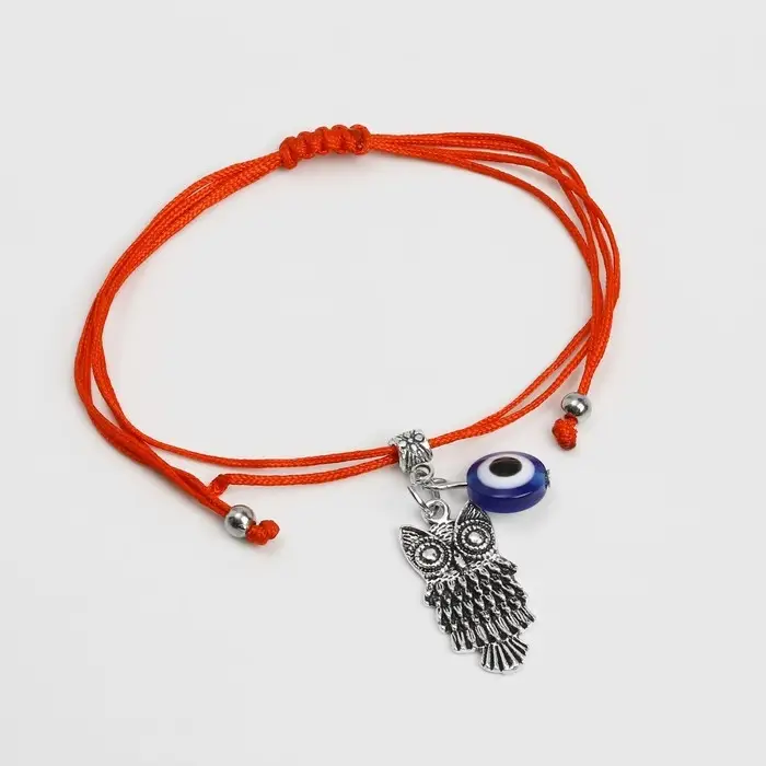 Браслет-оберег &laquo;Красная нить&raquo; глазик и сова, цвет синий с чернёным серебром, d=7 см