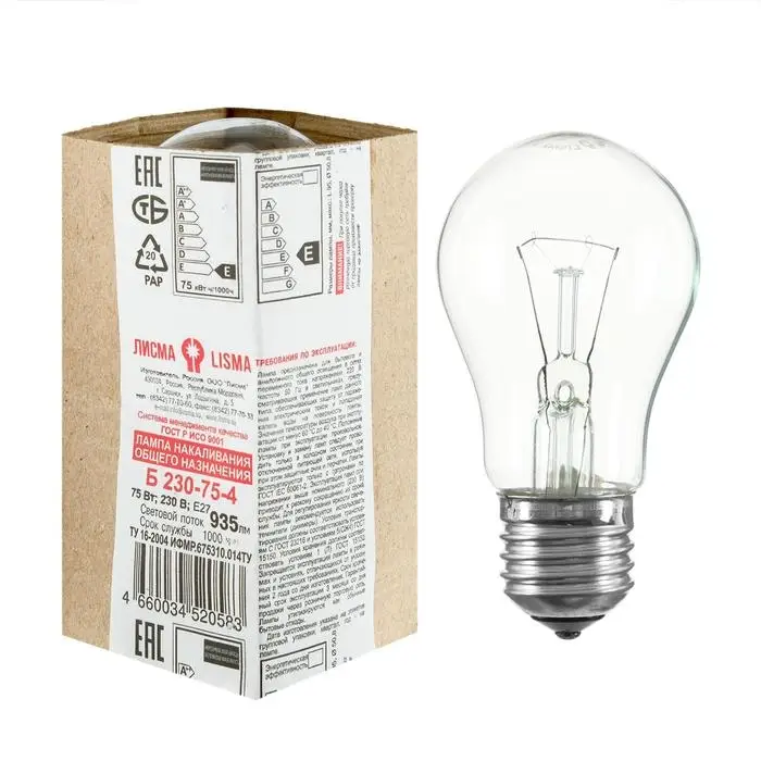 Лампа накаливания &laquo;Лисма&raquo;, Б, Е27, 75 Вт, 230 В