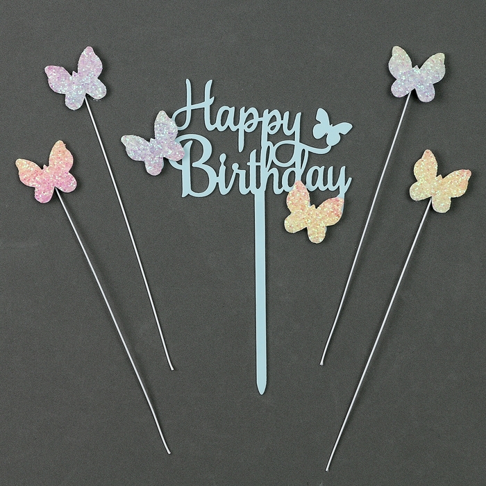 Набор топперов &laquo;С днём рождения. Бабочки&raquo;, набор 4 шт., цвет голубой