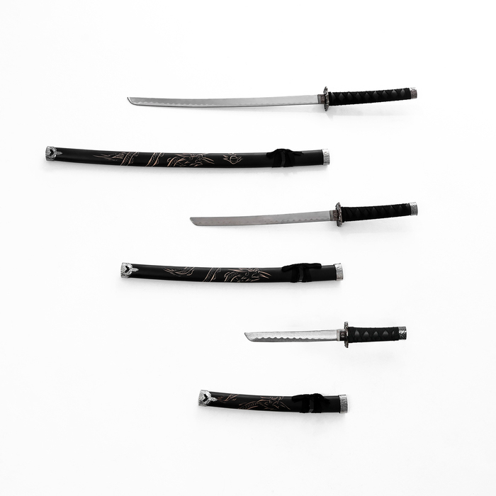 Сув. изделие катаны 3в1 на подставке, ножны дерево, дракон черные 52/78/98см