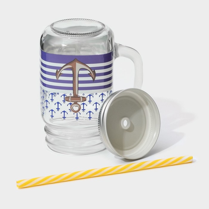 Кружка стеклянная с крышкой и трубочкой Доляна &laquo;Моряк&raquo;, 450 мл, 10&times;7,5&times;13 см