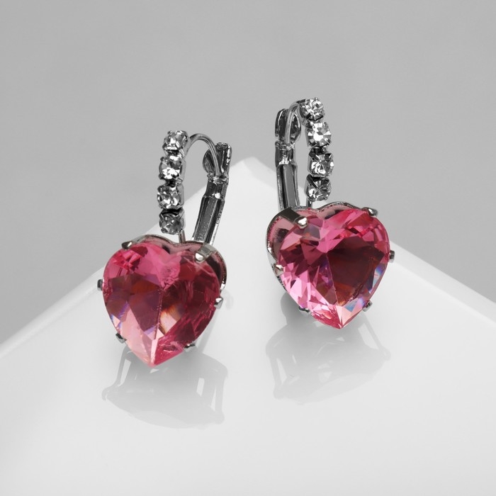 Серьги со стразами &laquo;Сердце&raquo; мерцание, цвет розовый в серебре