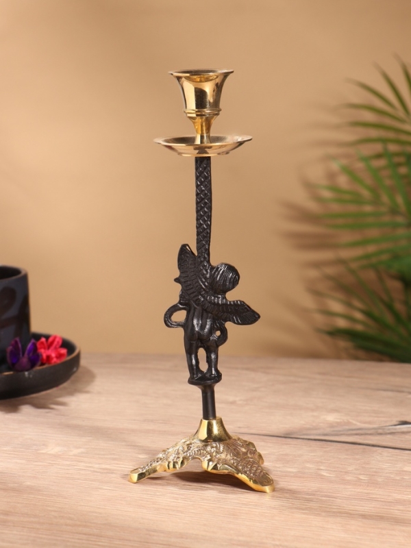 Подсвечник на 1 свечу, латунь, черный с золотом 8,5х8,5х23,5 см
