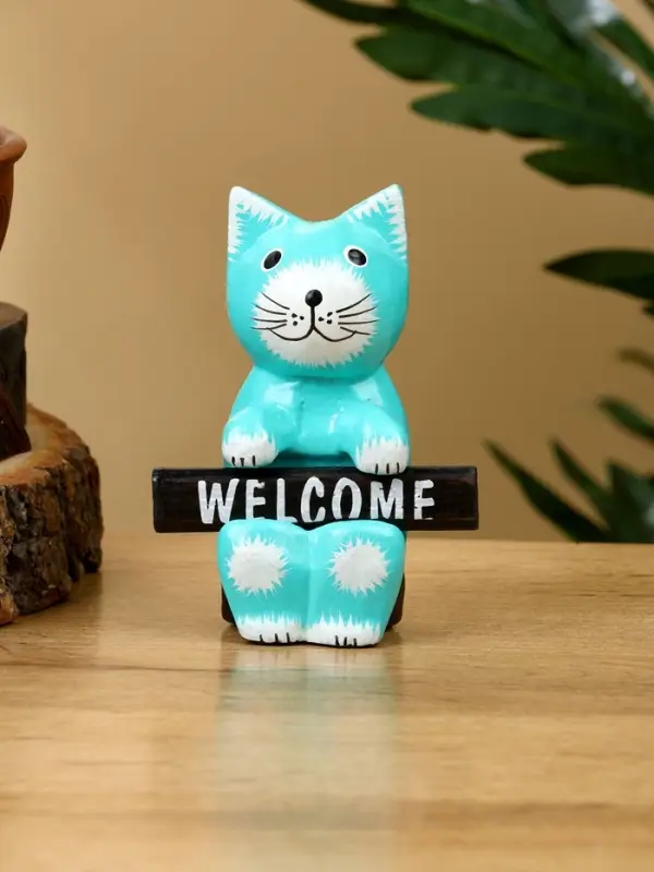 Сувенир "Кот с табличкой WELCOME" дерево 8х4х10 см, цв. бирюзовый