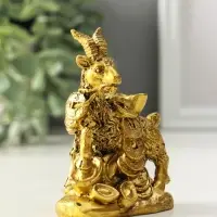 Нэцкэ полистоун "Козёл с китайскими монетами и золотыми слитками" бронза 4,2х7х9,4 см