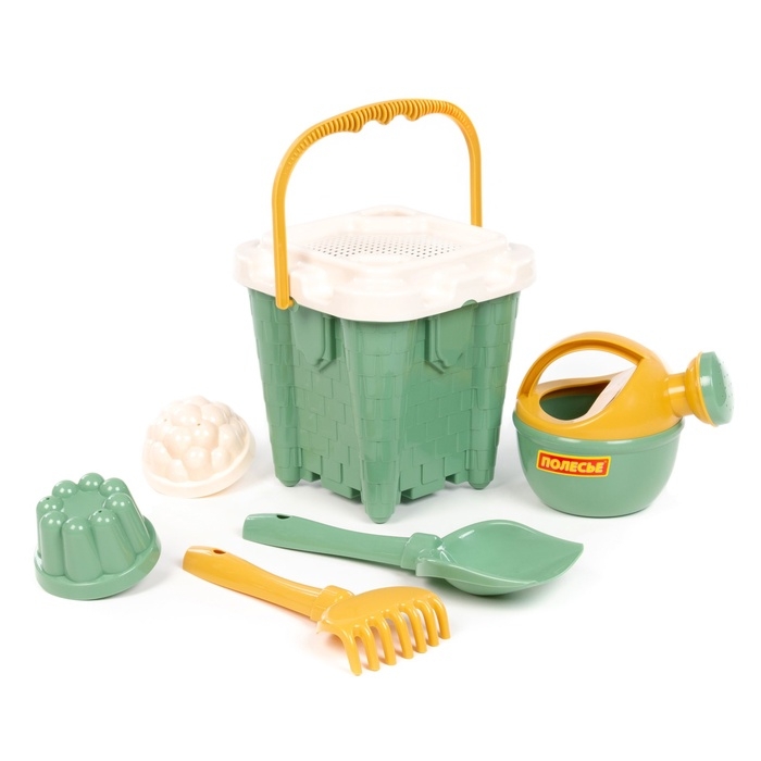 Песочный набор игрушек, 7 предметов: ведро-замок, ситечко, лопатка, грабельки, формочки, лейка