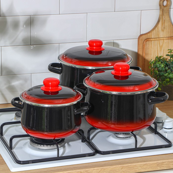 Набор кастрюль &laquo;Кармен&raquo;, 3 предмета: 2 л, 4 л, 5,5 л, индукция, цвет чёрно-красный