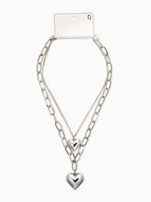 Кулон на цепочке крупное вытянутое звено 2 яруса "Сердечки", цвет серебро
