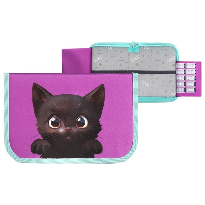 Пенал 1 секция 140 х 210 х 40 мм, откидной карман и косметичка, тканевый, Calligrata TOP Content "Котик"