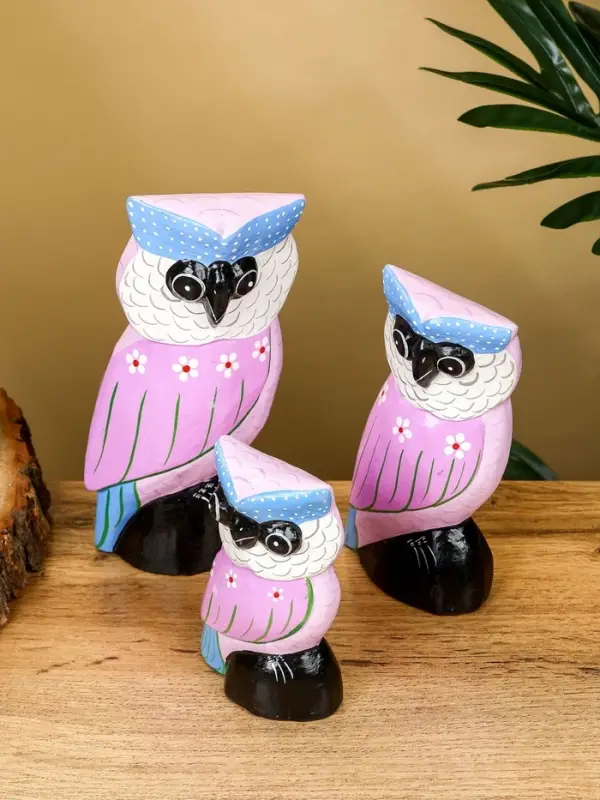 Набор сувенирный &laquo;Совы&raquo;, h=17 см, h=14.5 см, h=11 см, дерево, сиреневый