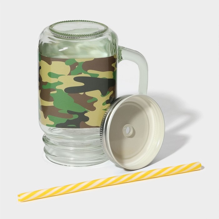 Кружка стеклянная Доляна &laquo;Милитари&raquo;, 450 мл, 10&times;7,5&times;13 см, с ручкой, крышкой и трубочкой