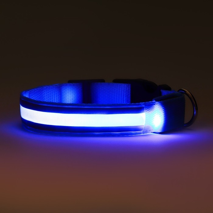 Ошейник с подсветкой Двойная полоса размер L, ОШ 45-52 х 2,5 см 3 режима свечения голубой