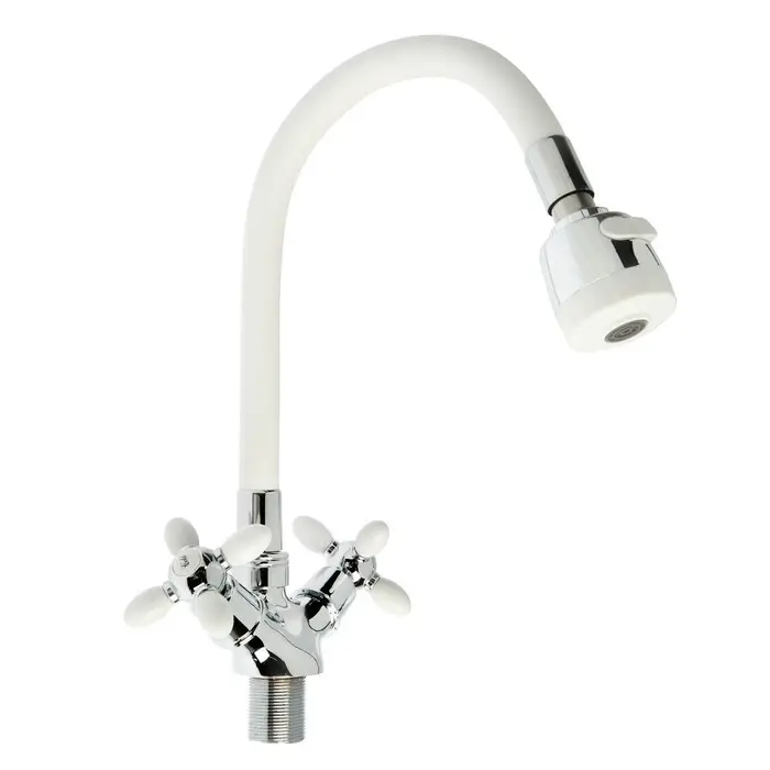 Смеситель для кухни ZEIN ZC2032, гибкий силиконовый излив,кран-букса латунь 1/2", белый/хром