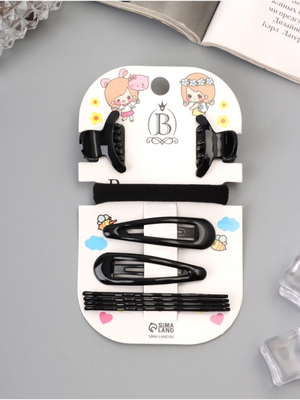 Набор для волос &laquo;Венди&raquo;, резинка 5.5 см, 6 невидимок 5.5 см, 5 см, 2 краба 2.5 см, дуга, чёрный