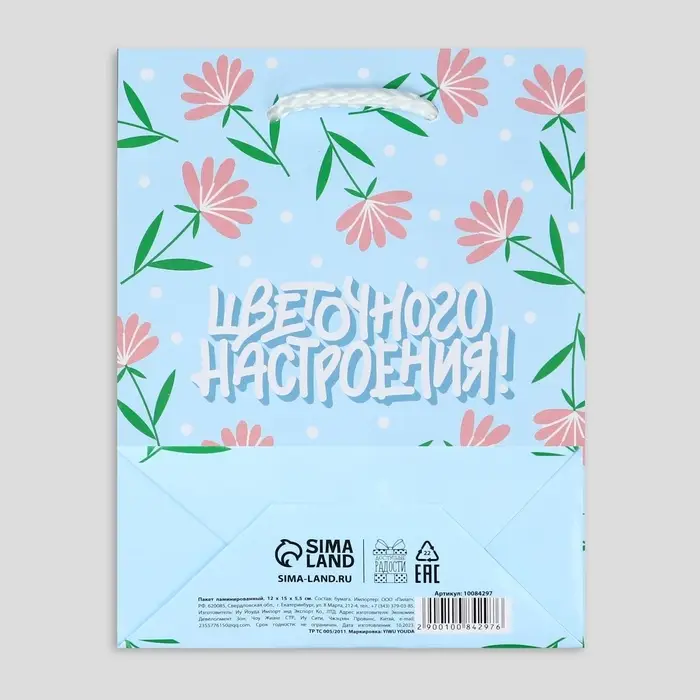 Пакет подарочный ламинированный, упаковка, &laquo;Цветочного настроения&raquo;, S 12 х 15 х 5.5 см