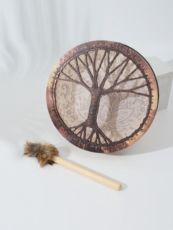 Шаманский бубен "Мехенди. Лотос и бабочка" с колотушкой 5х25х25 см