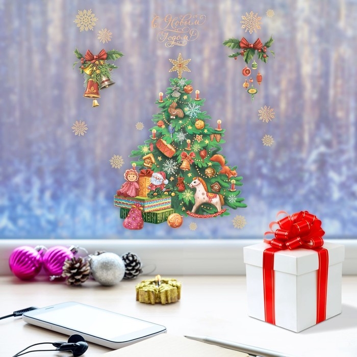 Наклейки новогодние на окна «Новогодняя ёлочка», многоразовые, 20 х 34 см, Новый год Наклейки новогодние на окна «Новогодняя ёлочка», многоразовые, 20 х 34 см, Новый год