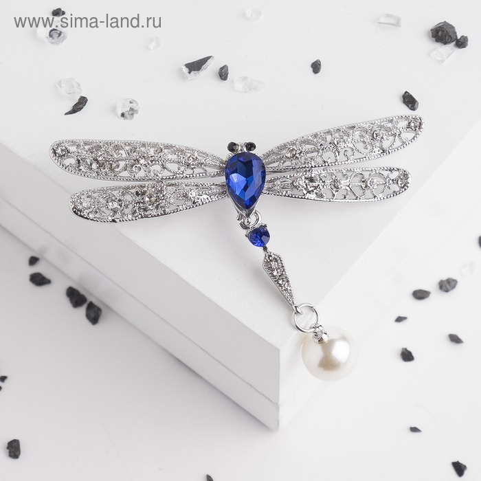 Брошь &laquo;Стрекоза&raquo; хвостик подвижный, цвет бело-синий в серебре
