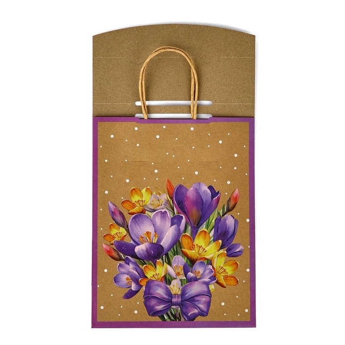 Пакет с клапаном &laquo;Подарок&raquo;, цветы, крафт, глиттер, 19,5 &times; 10 &times; 25.2 см