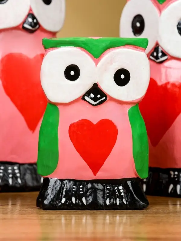 Набор сувенирный &laquo;Совята с сердечком&raquo;, h=15 см, h=13 см, h=10 см, дерево, розово-зелёный