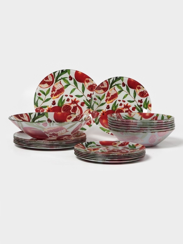 Столовый сервиз Доляна &laquo;Гранат&raquo;, 19 предметов: салатник 1 шт, тарелка десертная 6 шт, тарелка обеденная 6 шт, тарелка суповая 6 шт, стекло, рисунок