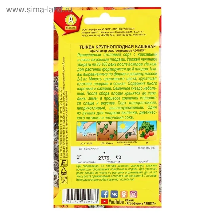 Семена Тыква крупноплодная "Кашевар", 2 г
