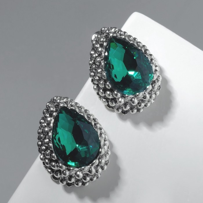 Серьги со стразами &laquo;Морское сияние&raquo;, цвет изумрудный в чернёном серебре