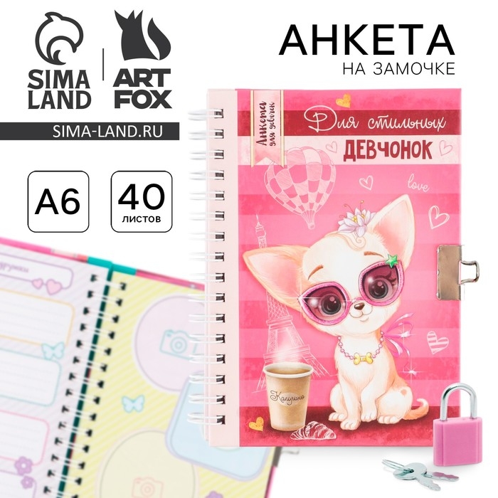 Анкета на замочке, в твердой обложке А6, 40 листов &laquo;Для стильных девчонок&raquo;