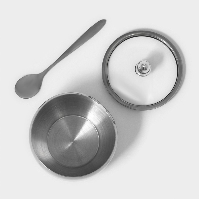 Сахарница из нержавеющей стали с крышкой и ложкой Доляна, 250 мл, 8,5&times;10 см, цвет серебряный