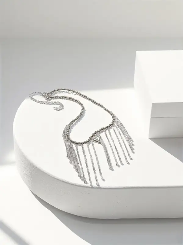 Колье "Сердце" водопад с бусинами, цвет серебро