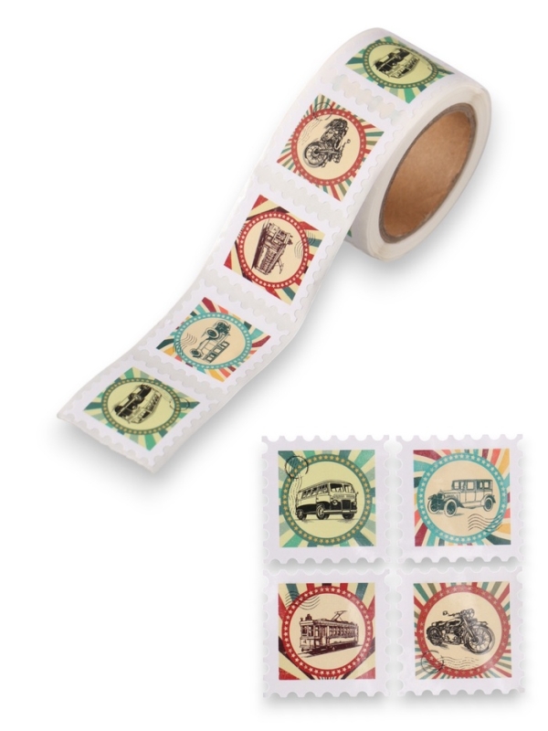 Наклейка бумага "Марки. Ретро транспорт" 3х3 см 200 шт в рулоне